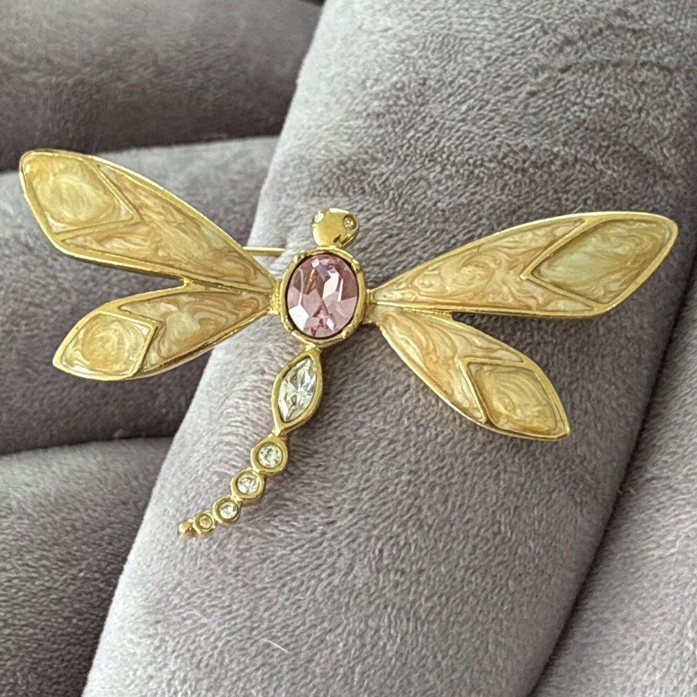 VTG KJL Kenneth Jay Lane for Avon Gold Tone Peach Enamel Dragonfly Brooch Pin